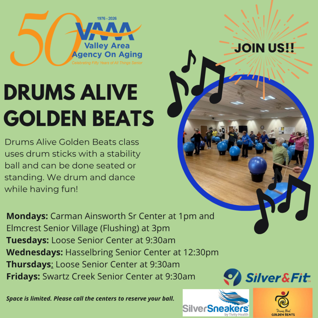 Flyer announcing Drums Alive Golden Beats for seniors with schedule, a group class photo inside a blue circle, and a 'Join Us' graphic.
